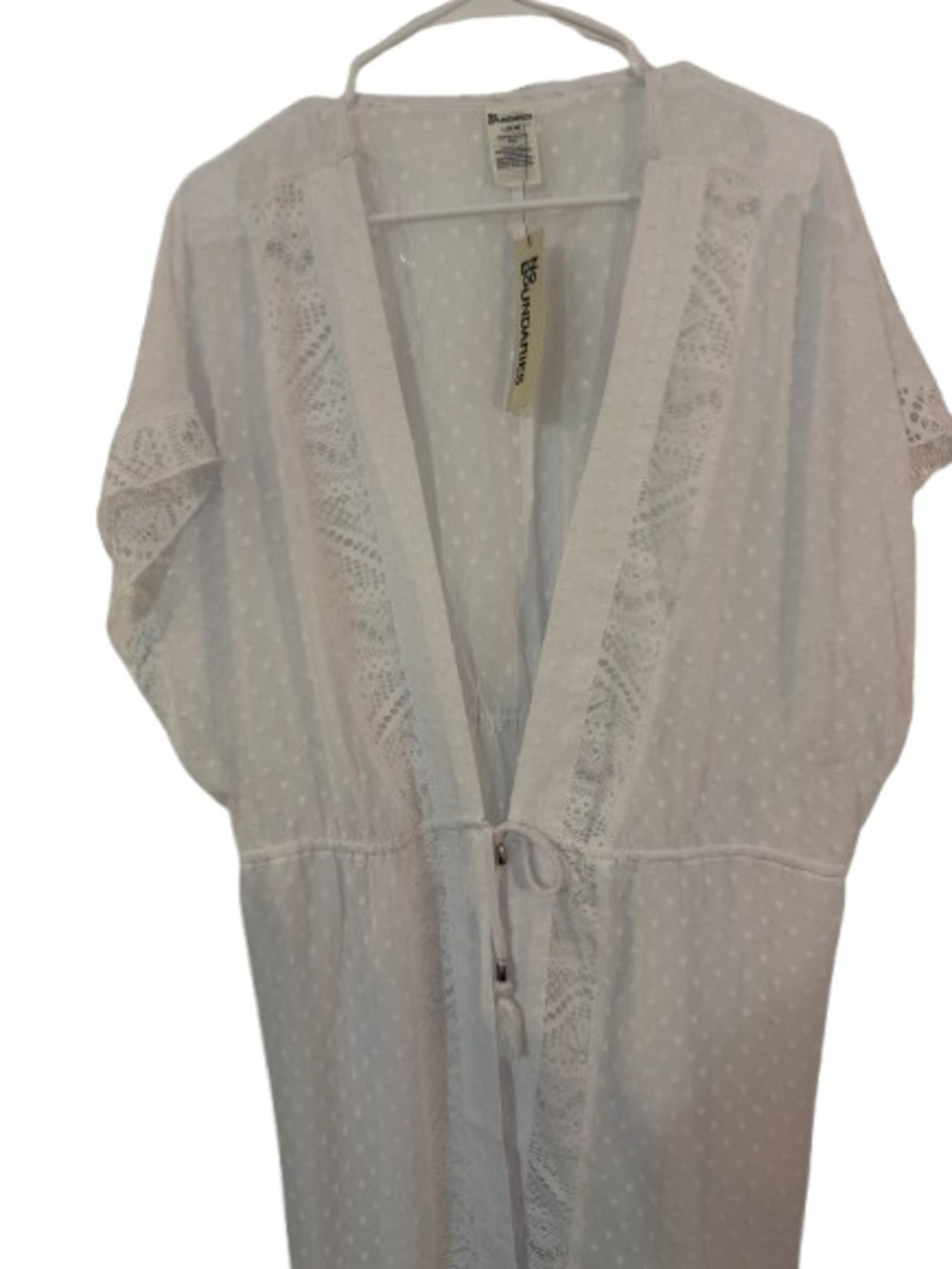 🏖️NWT No Boundaries Women’s White Sheer Tie Front Lace-Trim Swim Cover-Up Size L
